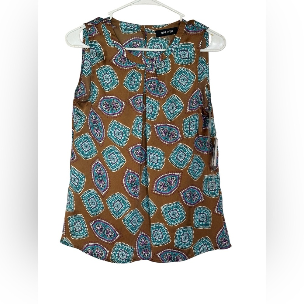 Nine West Sleeveless Geometric Blouse • NWT • XS • Brown Teal Purple • Work Top